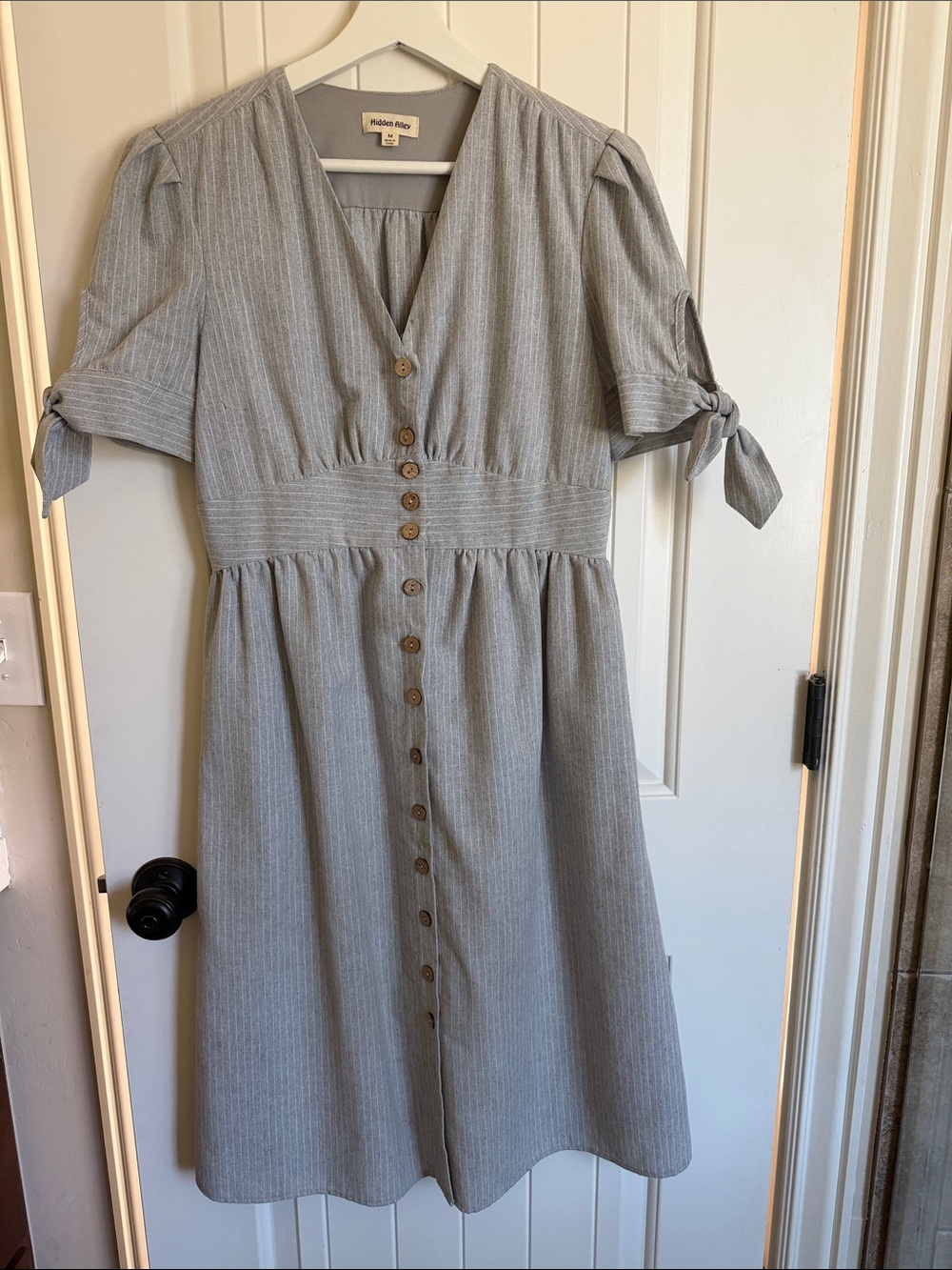 Light Gray Button-Front Midi Dress with Smocked Waist